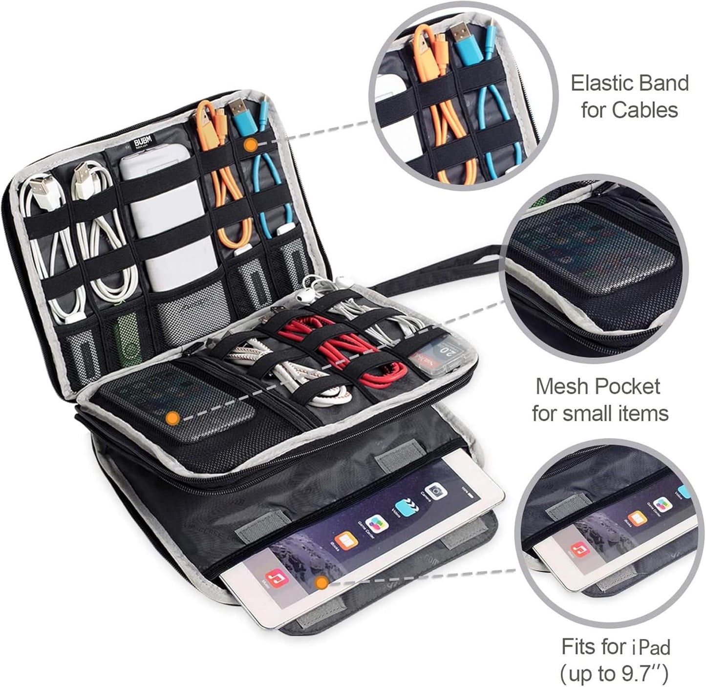 BUBM Double Layer Electronics Organizer, Travel Gadget Bag for Cables, Memory Cards, Flash Hard Drive and More, Fit for iPad or Tablet(up To 9.7")--Large, Dark Blue