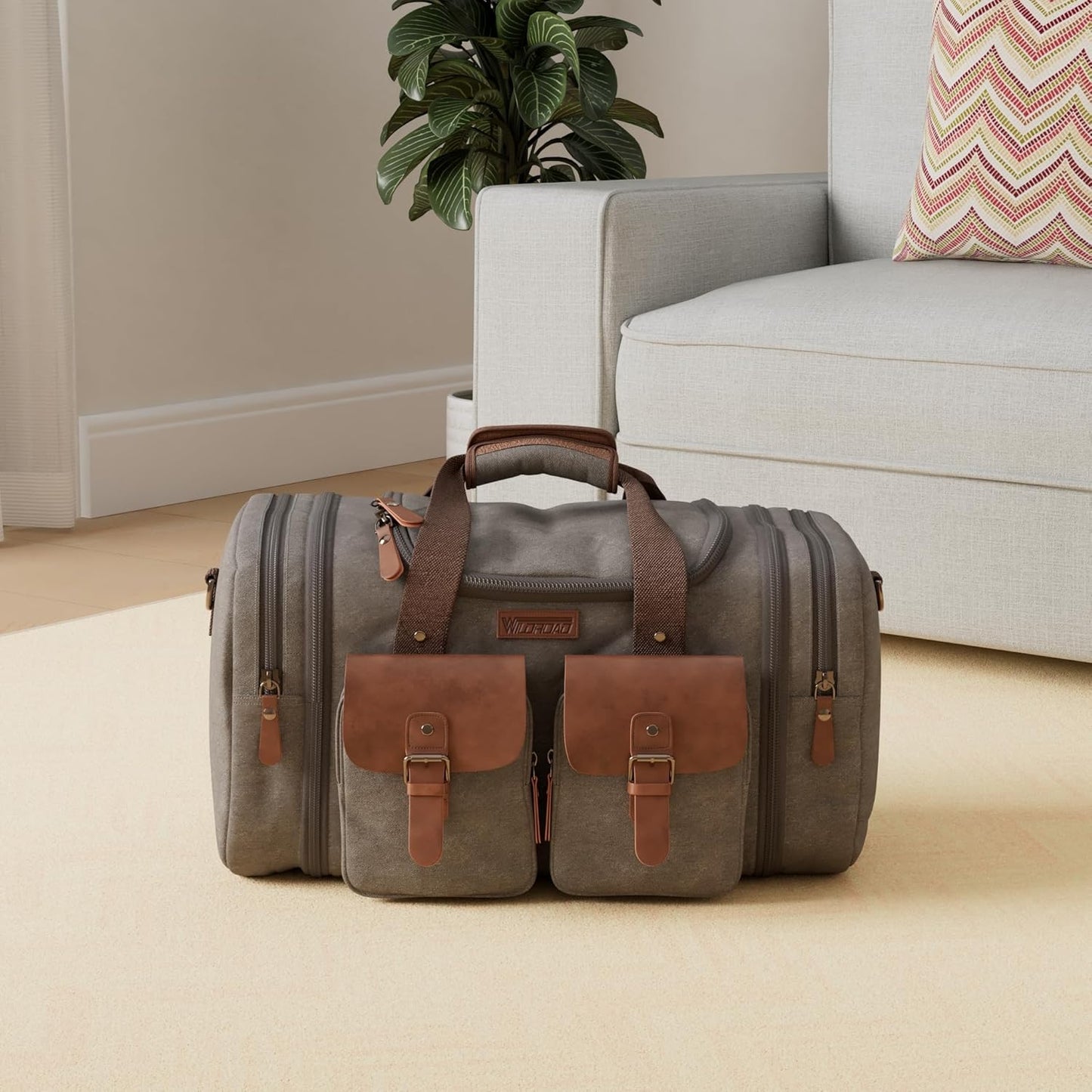 Wildroad 60L Travel Duffel Bag, Expandable Canvas Genuine Leather Duffle Bag Upgraded Overnight Weekender Bag Carry on Bag