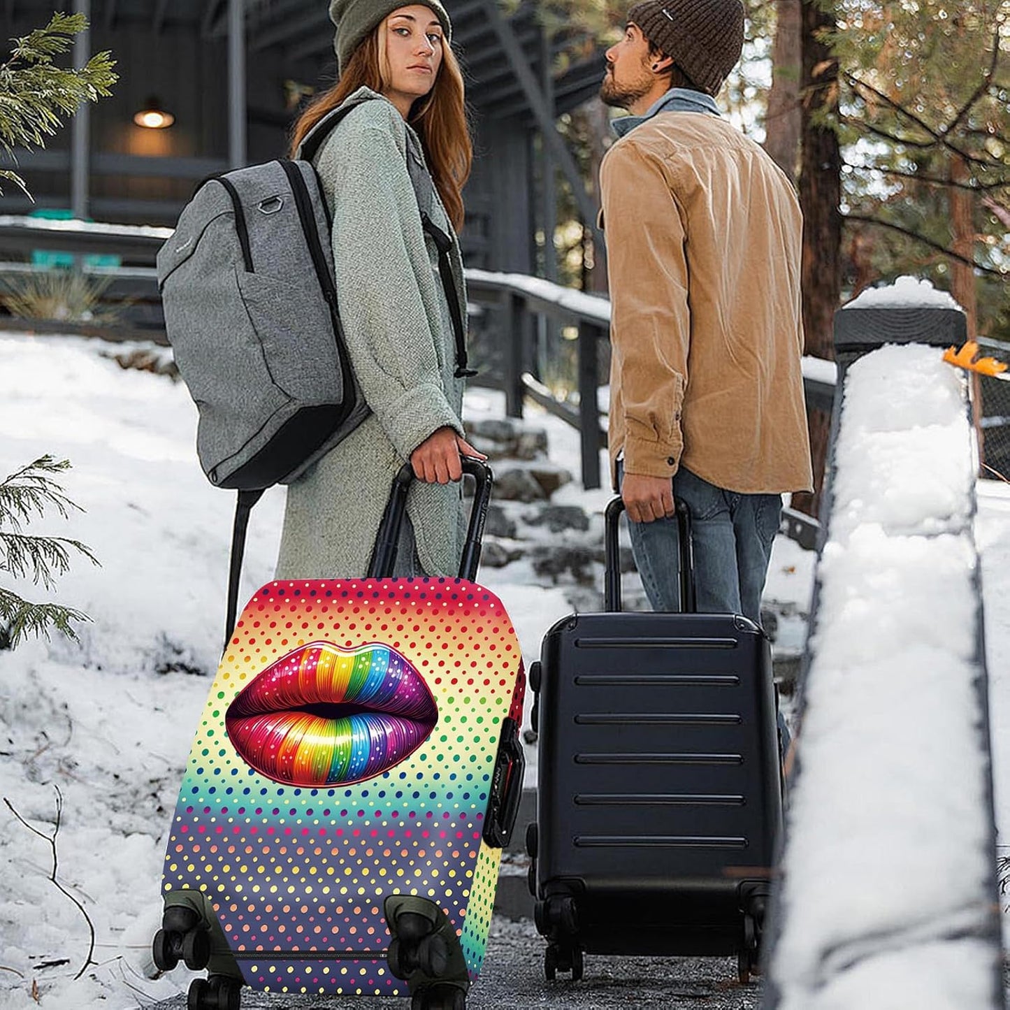 ANNA QUEEN Pop Art Rainbow Lips Luggage Cover, Colorful Suitcase Protector with Bold Lip Design, Stretchable, Washable Travel Cover for 24-26 Inch Luggage, Fun & Fashionable Style