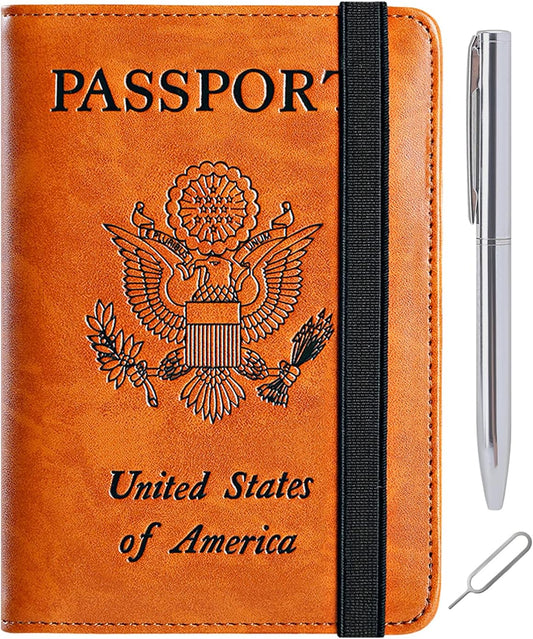 Passport Holder Cover Wallet Travel Essentials RFID Blocking Leather Card Case International Must Haves Travel Accessories for Women Men(113#Claybank)