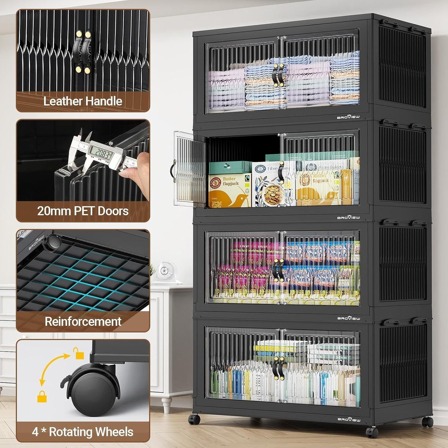 BROVIEW 600Qt Extra Large Stackable Storage Bins with Lid, Closet Organizer Collapsible Drawer Boxes with Wheels, Folding Plastic Cabinet Containers for Home Kitchen Room Organization, 3Pack Black