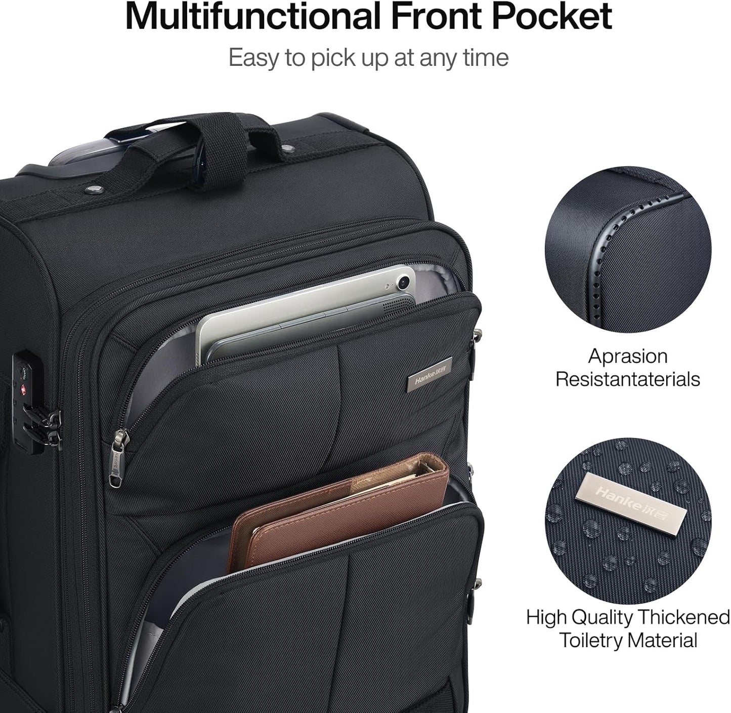 Hanke 20 Inch Softside Expandable Carry On Luggage with Spinner Wheels, Rolling Suitcase Travel Luggage with TSA Approved Luggage,Black