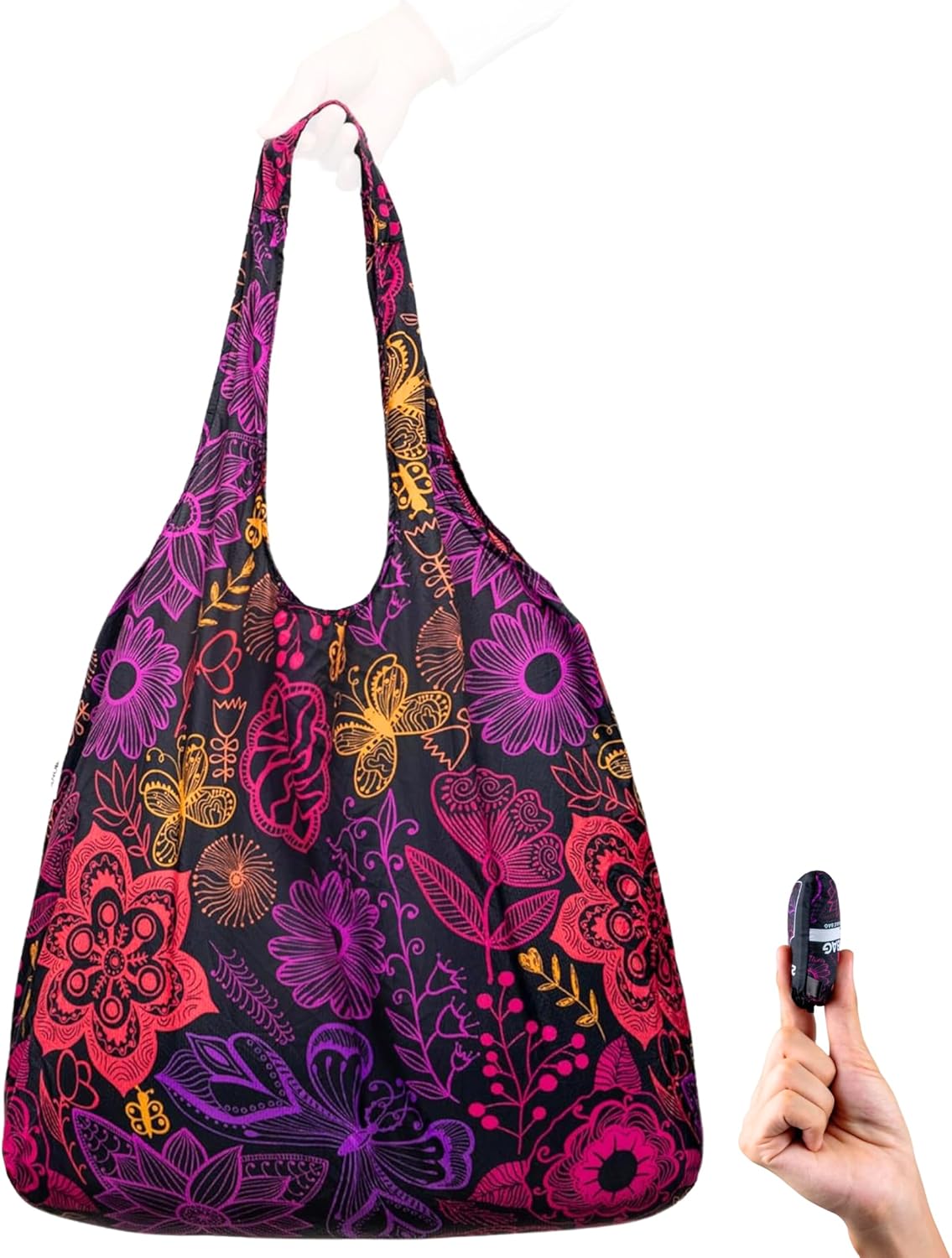 Nanobag Ultra-Lightweight Heavy Duty Foldable Tote for Women & Men, Reusable Grocery & Travel Bag, Packable Collapsible Compact Market Essential (XL Neon Flowers)