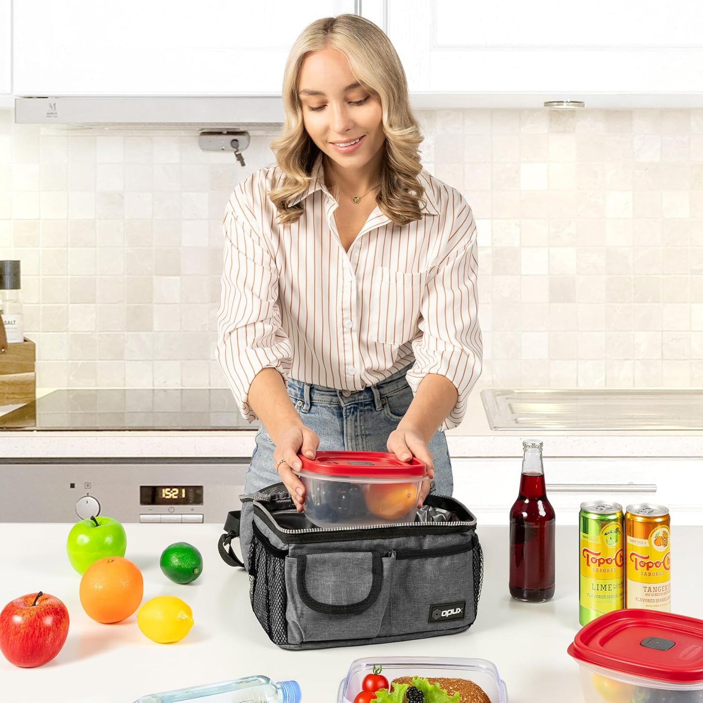 opux Lunch Box for Men, Adult Lunch Box Cooler, Insulated Lunch Bag Women, Dual Compartment Lunchbox for Work, Leakproof Double Decker Lunch Bag, Soft Lunch Pail Tote Boys Girls Kids School, Gray