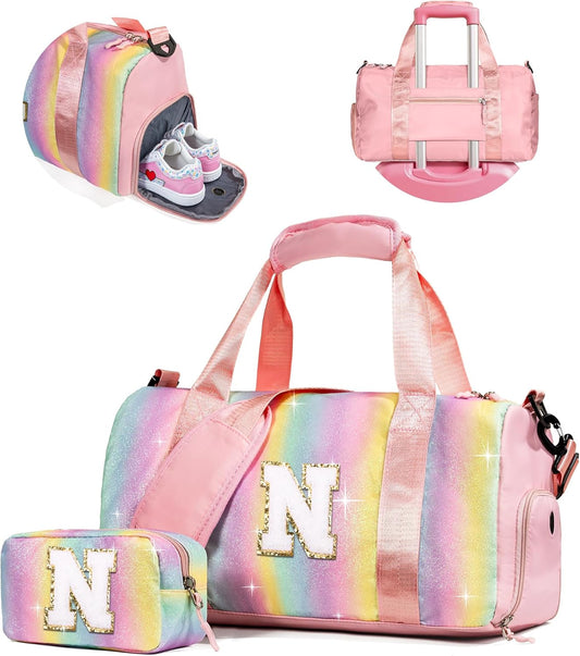 Gift Ideas for Kids Girls-Girl Gym Bag with Shoe Compartment, Kid Personalized Weekender Overnight Bags, Initial Travel Tote with Makeup Pouch, Graduation Gifts Granddaughter (Letter N)