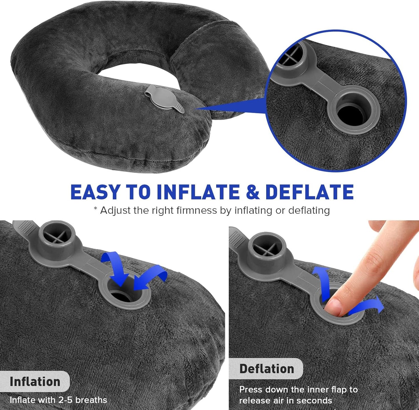 Rewondah Inflatable Travel Pillow, Inflatable Neck Pillow for Traveling Airplane, Travel Pillow with Soft Velour Washable Cover, U Shape Blow Up Neck Pillow for Airplanes Train Car Travel