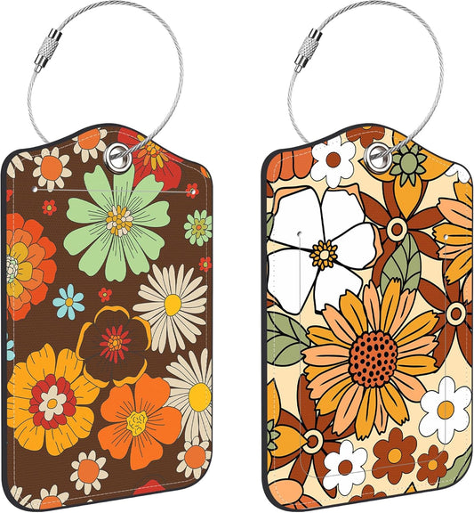 70s Retro Floral Luggage Tags for Suitcases Leather Travel Tags for Luggage ID Label with Privacy Cover and Stainless Steel Loop for Men Women Suitcase Backpack, Set of 2