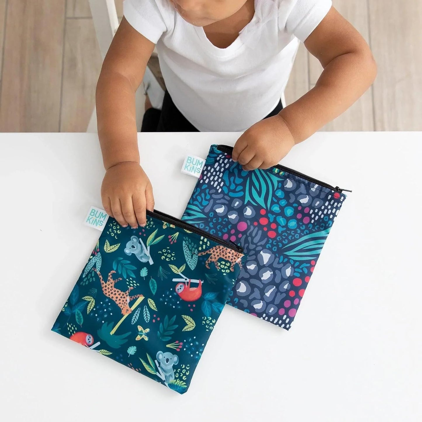 Bumkins Reusable Sandwich and Snack Bags, for Kids School Lunch and for Adults Portion, Washable Fabric, Waterproof Cloth Zip Bag, Travel Pouch, Food-Safe Storage, Large 2-pk Jungle