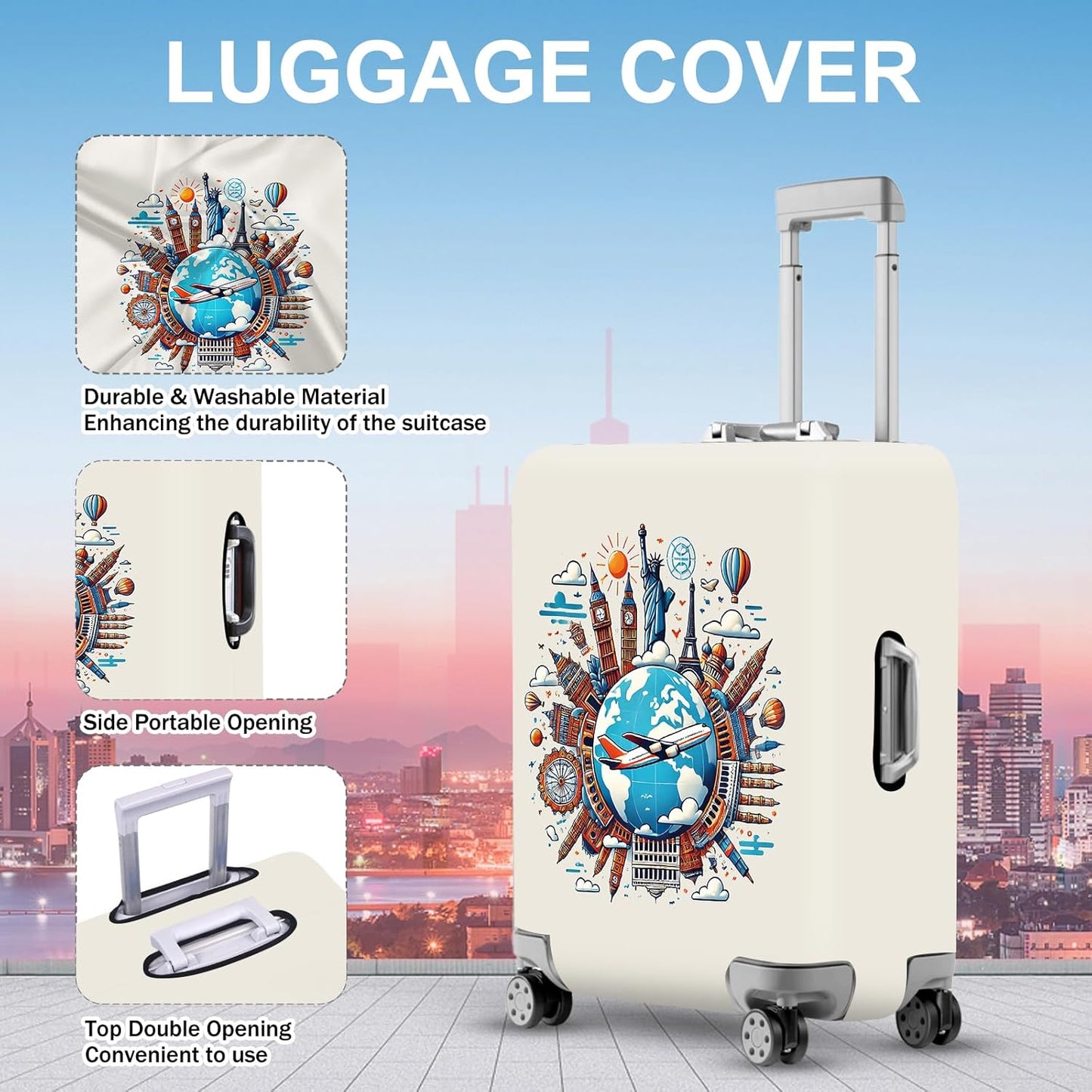 ANNA QUEEN Travel Around the World Luggage Cover, Colorful Landmark Suitcase Protector with Airplane & Globe Design, Stretchable, Washable Travel Sleeve for 24-26 Inch Luggage