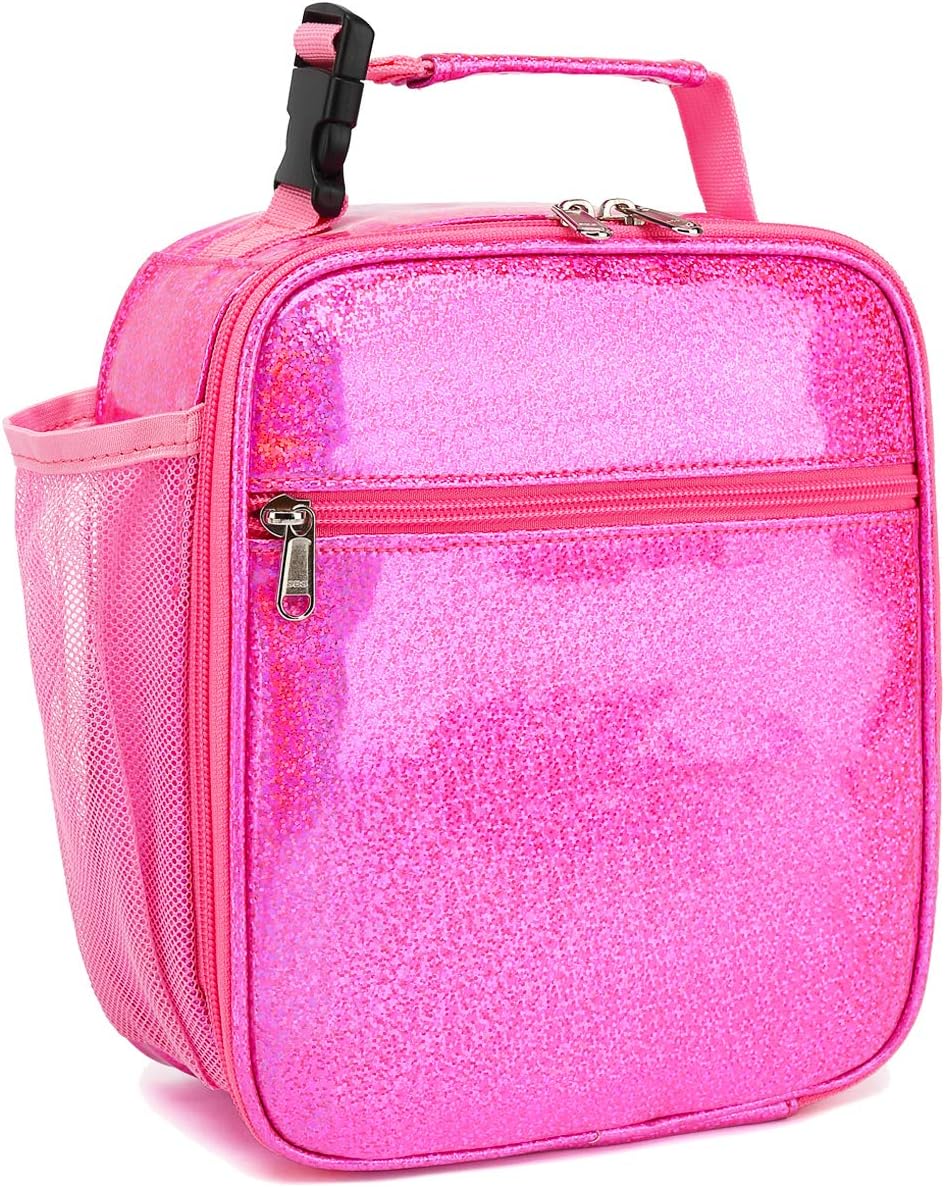FlowFly Kids Lunch box Insulated Soft Bag Mini Cooler Back to School Thermal Meal Tote Kit for Girls, Boys, PU Pink