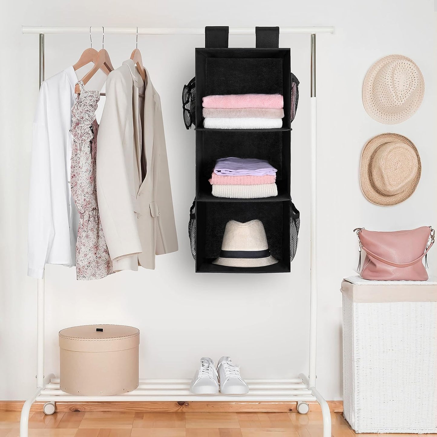 MAX Houser 3-Shelf Hanging Closet Organizers, Collapsible Closet Hanging Shelves for Camper, Nursery Hanging Organizers, Black, 2-Pack
