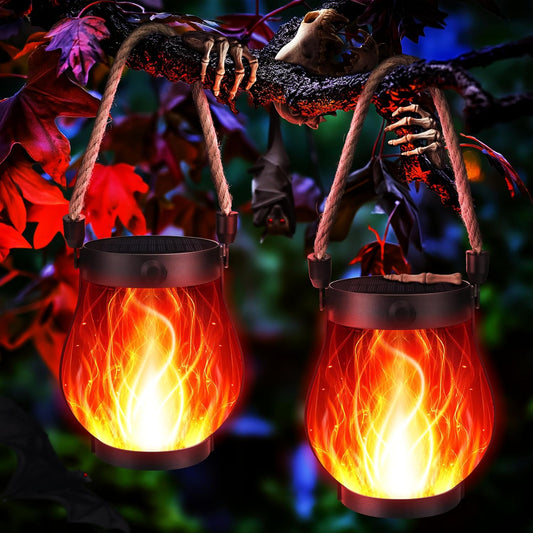 Halloween Solar Flame Lantern Hanging Outdoor Waterproof Purple - 2 Pack Flame Lanterns with Dual Charging Modes of Solar & USB for Garden or Yard Halloween Decorations (Red - 2 Pack)