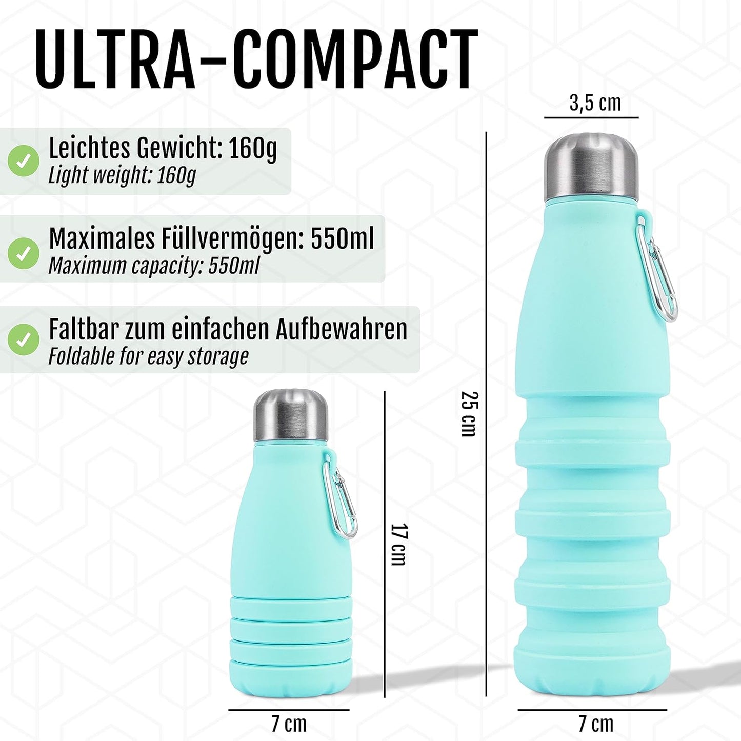 Foldable Drinking Bottle - BPA-free, leak-proof - Ideal festival accessory and practical outdoor companion with carabiner (Turquoise)