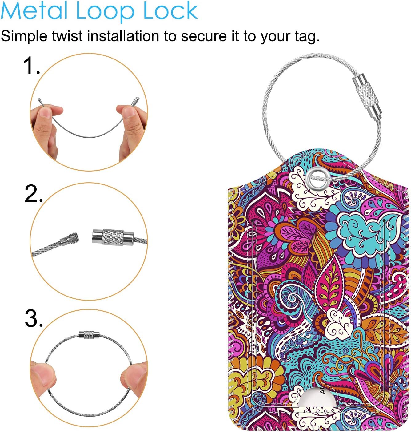 Fintie Luggage Tags, Privacy Cover ID Label with Stainless Steel Loop and Address Card for Travel Bag Suitcase, Peacock Flower (2 Piece)