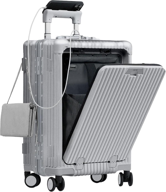 Nobl Travel Carry On Luggage, Noble Zipperless Aluminum Frame PC Hard Shell Suitcase, 20.8"x15"x8.7" Airline Approved, 360° Spinner Wheels, TSA Locks, USB Charging Port, Cup & Phone Holder - Silver