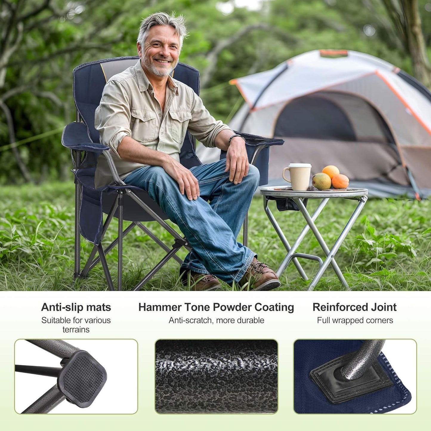 LET'S CAMP Folding Camping Chair Oversized Heavy Duty Padded Outdoor Chair with Cup Holder Storage and Cooler Bag, 450 LBS Weight Capacity, Thicken 600D Oxford,2 Pack
