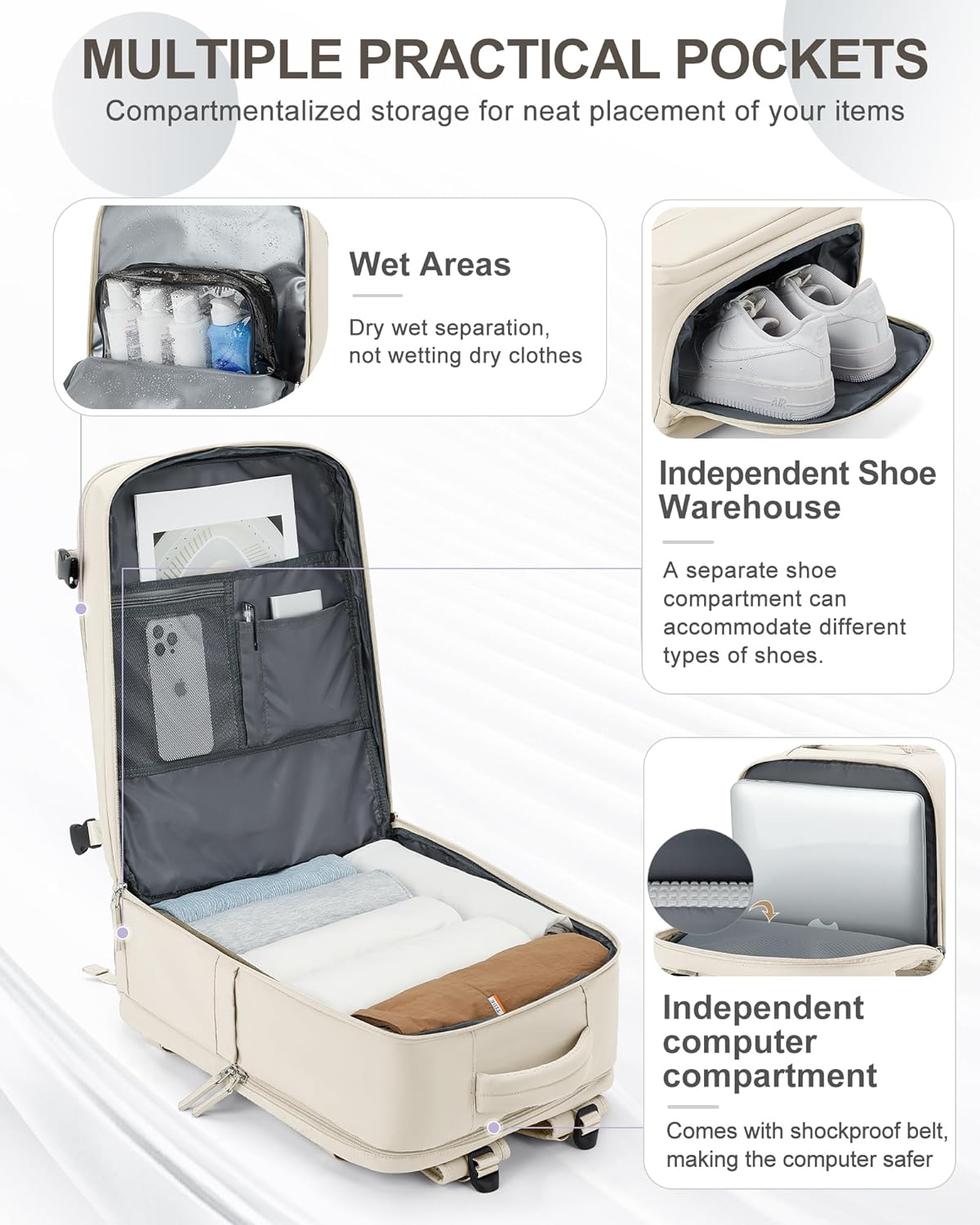 coowoz Large Travel Backpack Carry On for Women Man Gym Backpacks with Laptop Compartment Mochila de Viaje Teacher Personal Item Backpack Rucksack Airplane Accessories Must Haves Beige