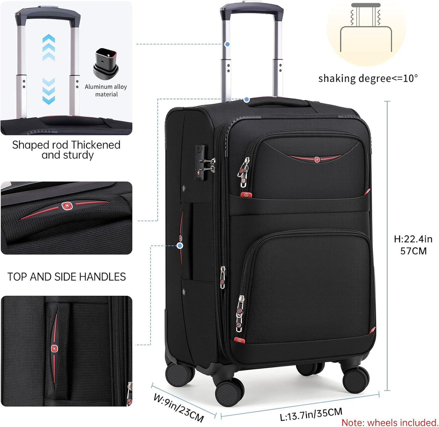 Softside Expandable Luggage with 4 Spinner Wheels, Durable Carry-On Luggage Suicase (Black, 21-Inch)