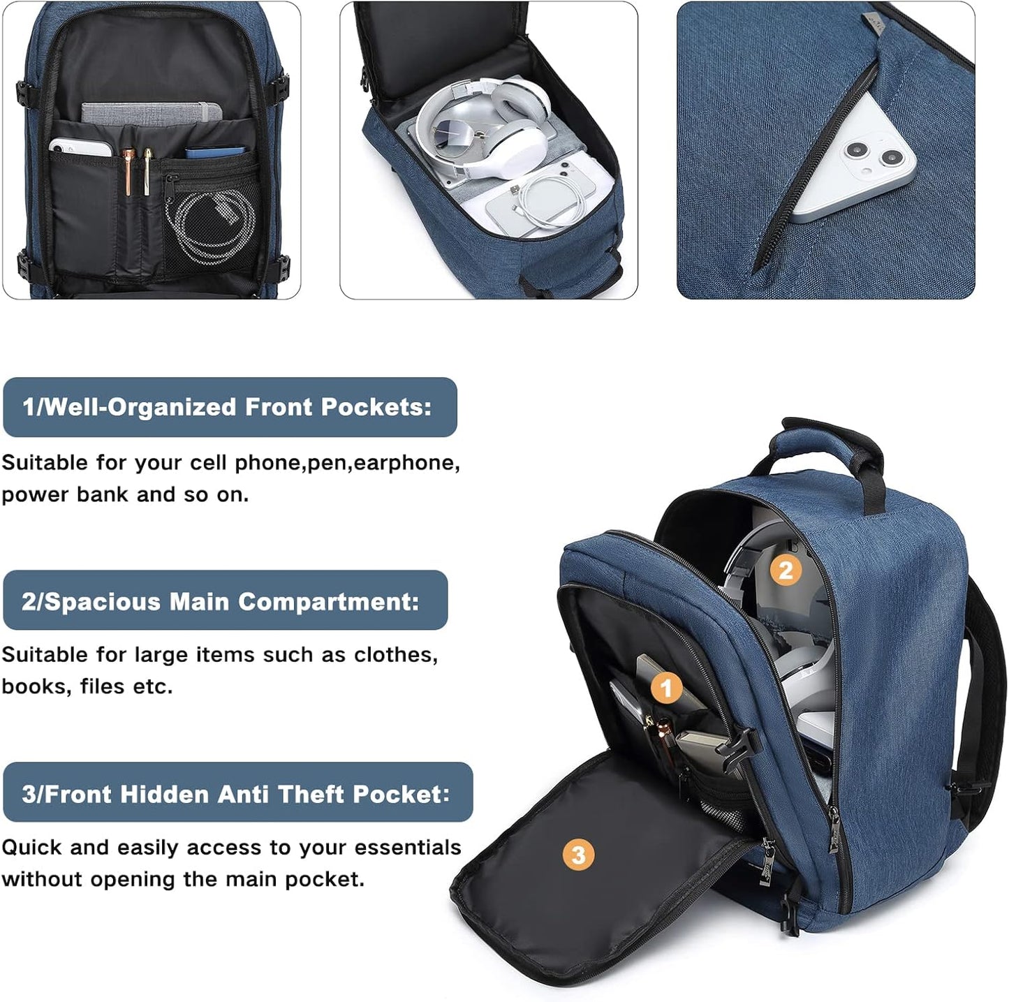 Kono Carry on Backpack, 16" Airplane Approved Under Seat Travel Backpack for Men and Women, Waterproof Lightweight Daypack for Flight 20L (Navy, Small)