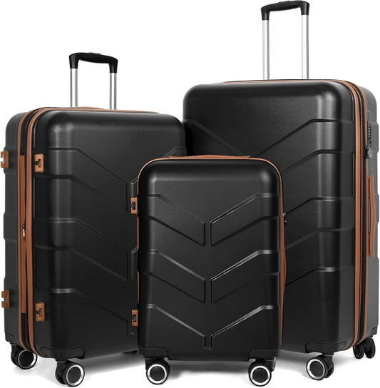 Luggage Sets 3 Piece with Spinner Wheel, Hardside Suitcase Set with TSA Lock, Expandable Lightweight Travel Luggage for Men and Women, Black