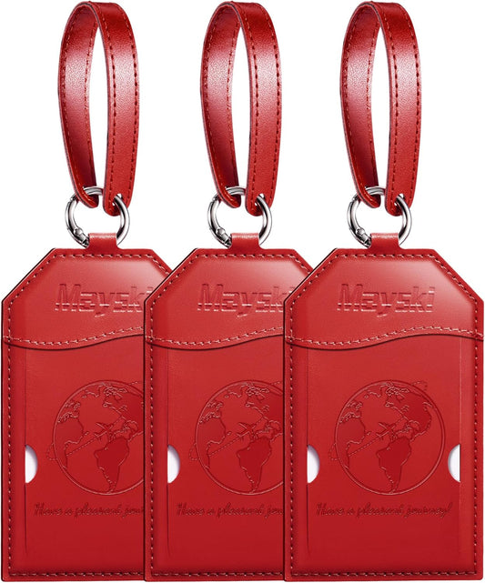 Mayski Luggage Tags for Suitcases 3 Pack Suitcase Bag Tags, TSA Approved, Metal Buckle, Bag Tags with Name ID Card Travel Essentials, Red Global