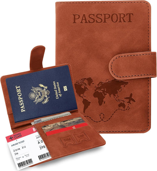 Passport Holders, RFID Blocking Credit Card Holder, PU Leather Passport Holders for Travel with Magnetic Buckle, Travel Must Haves Cruise Ship Essentials for Men, Women (Brown)