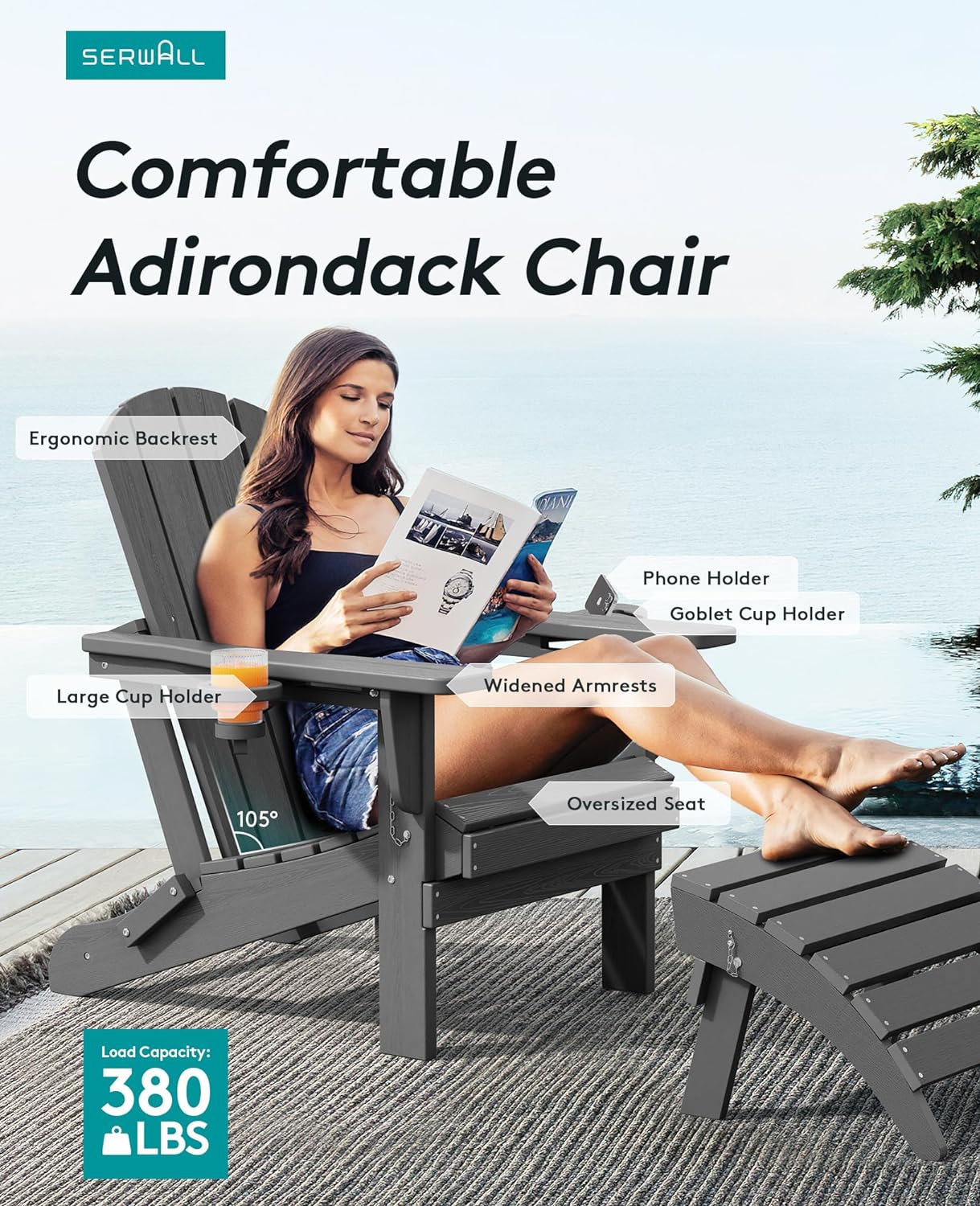 SERWALL Foldable Adirondack Chair Set of 2, HDPE Adirondack Chair with Wood-Texture-Gray
