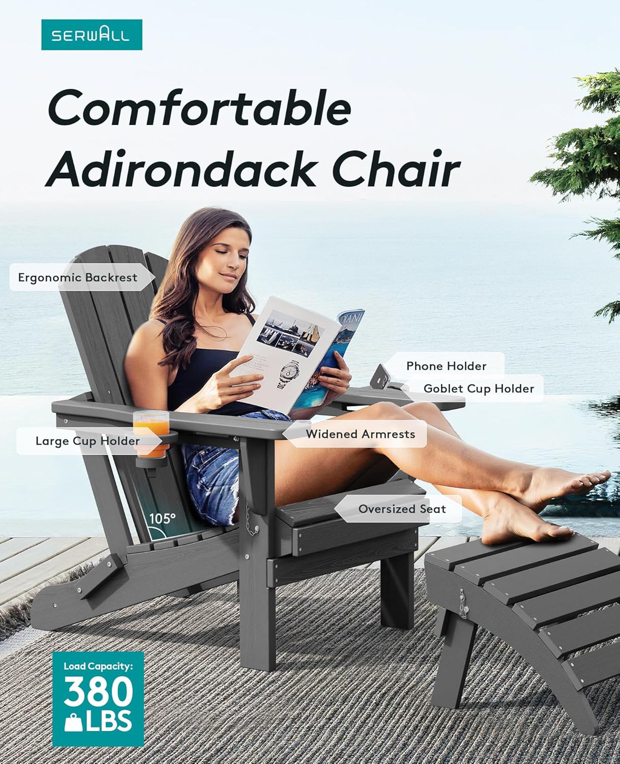 SERWALL Foldable Adirondack Chair Set of 6, HDPE Adirondack Chair with Wood-Texture-Gray