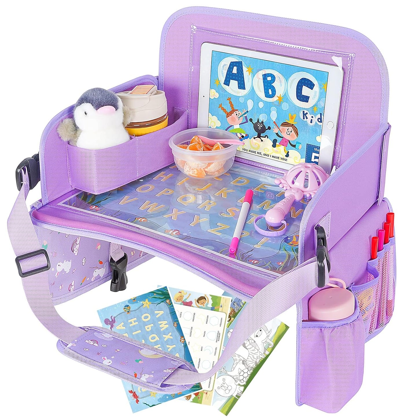 MENZOKE Car Seat Tray for Kids Travel, Kids Travel Tray with Educational Drawing Board, Tablet Holder & Cooler Cup Holder, Holiday Gifts for Car Trip, Purple