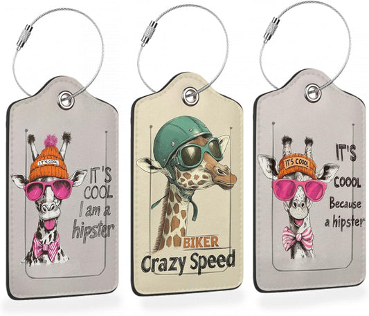Funny Hipster Giraffe 3 Pack PU Leahter Luggage Tag with Stainless Steel Loop, Cool Cartoon Giraffe Travel Suitcase Labels with Privacy Cover ID Label Quickly Spot for Bags