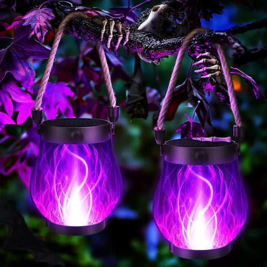 Halloween Solar Flame Lantern Hanging Outdoor Waterproof Purple - 2 Pack Flame Lanterns with Dual Charging Modes of Solar & USB for Garden or Yard Halloween Decorations (Purple - 2 Pack)
