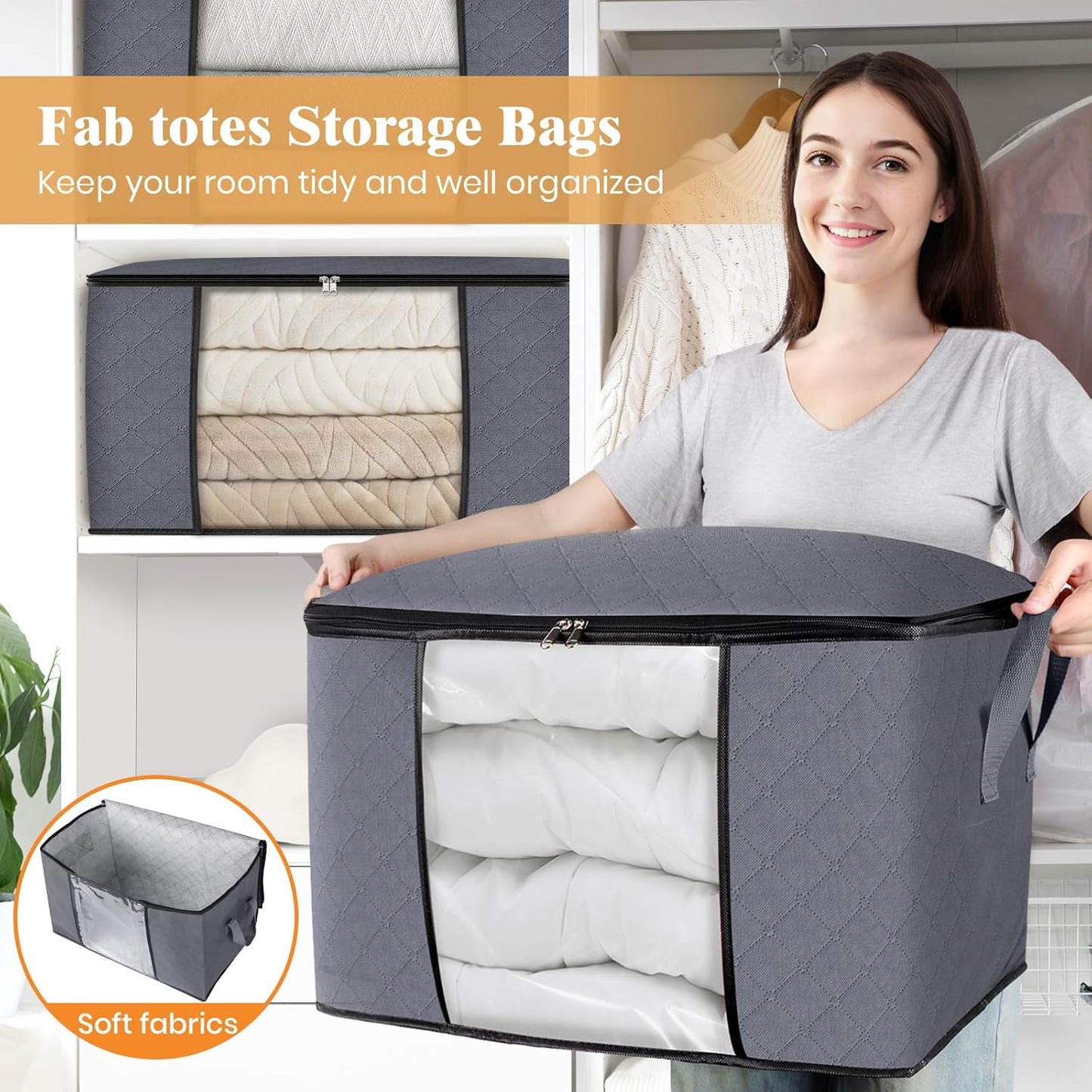 Fab totes 24 Gallons Clothes Storage, Foldable Thick Fabric Blanket Storage Bags, Containers for Organizing Bedroom, Closet, Clothing, Comforter, Organization with Handle (3 Pack,Grey)