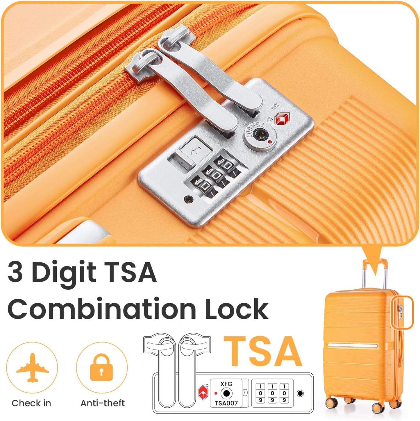 Campfun Luggage 4 Piece Sets, Expandable Carry On Luggage Set Hardshell PP, Suitcase Set with Double Spinner Wheels, Checked Durable Lightweight with TSA Lock, 14/20/24/28in, Orange(A)