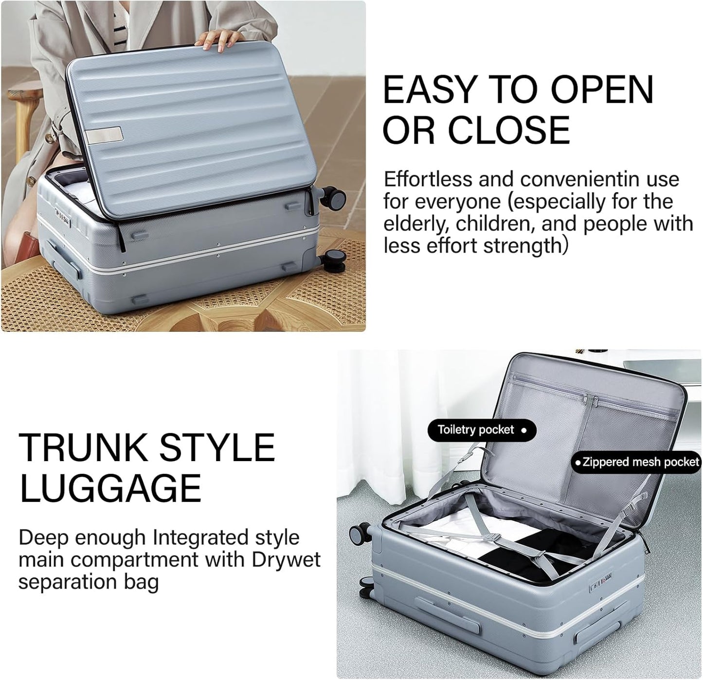 Hanke 24 Inch Checked Luggage Front Opening Rolling Suitcase Hard Sided Luggage with Spinner Wheels for Travel Woman Men.(Grey)