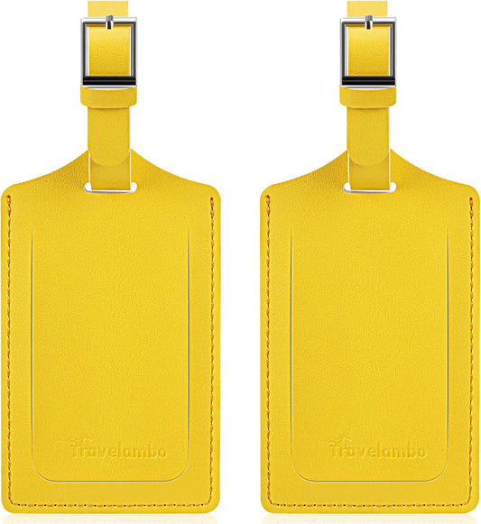 Travelambo Luggage Tags for Suitcases Faux Leather Privacy Protection 2 Pack Bag Tags Travel Accessories Essential, Energetic Yellow