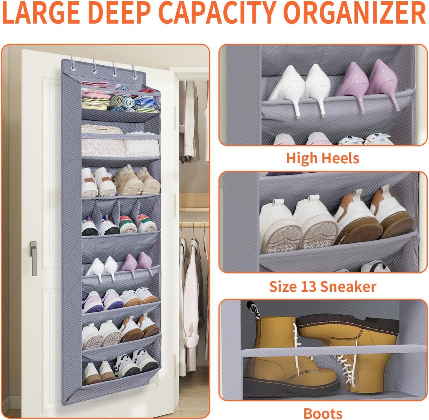 FENTEC 1 Pack Over The Door Shoe Organizer,68" Exlarge Deep Pockets Hanging Shoe Organizers, 8 Shelves Shoe Rack for Closet, Shoe Holder for Boots,Over Door Organizer in Home, RV, Dorm, Grey