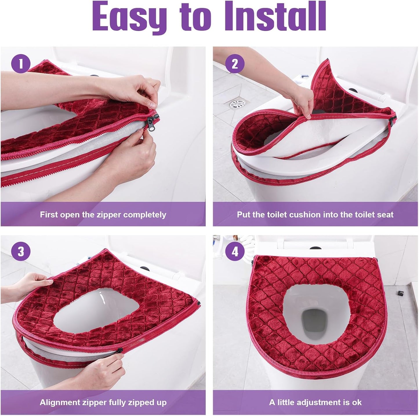 Riakrum 4 Pcs Toilet Seat Covers Pads for Bathroom Comfortable Toilet Seat Cushion Cover Soft Thicker Warmer Washable Pad with Zipper Home Reusable(Modern,Gray, Violet, Red, Brown)