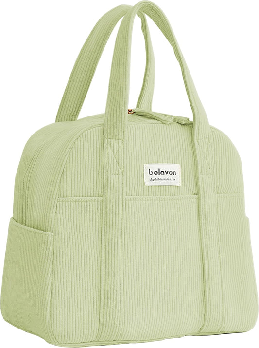 Insulated Lunch Bag for Women, 6-Hour Cold Retention Cooler Tote with Sturdy Handle, 15-Can Spacious Capacity, Leakproof Corduroy Fabric & Aluminum Foil Lining, (Green)