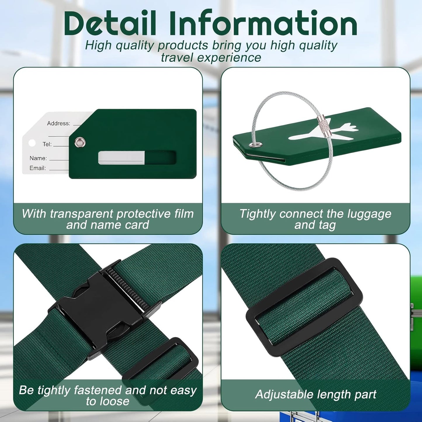 Weewooday 8 Pcs Luggage Straps Suitcase Tags Set for TSA Approved, 4 Travel Adjustable Suitcase Belt, 4 Silicone Luggage Tags with Name ID Card Travel Accessories(Dark Green,Airplane)