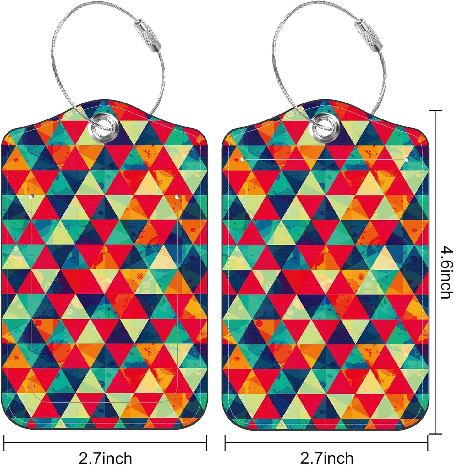 Set of 2 Luggage Tags for Suitcase Watercolor Rhombs and Colored Triangle Leather Baggage Tags Set with Stainless Steel Loop Name Address Labels Privacy Cover for Men Women Travel Bag Suitcase