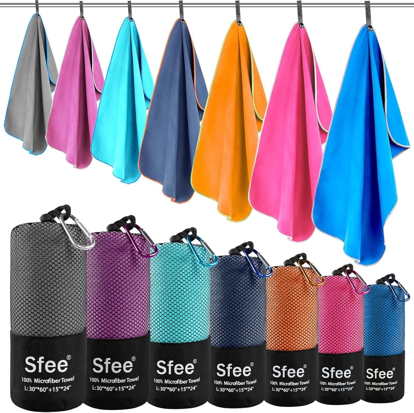 Sfee 2 Pack Camping Towel, Quick Dry Towel Super Absorbent Travel Microfiber Towels, Fast Drying Compact Soft Lightweight Sports Towel Set for Beach, Hiking, Travel, Gym, Backpacking, Pool +Carabiner
