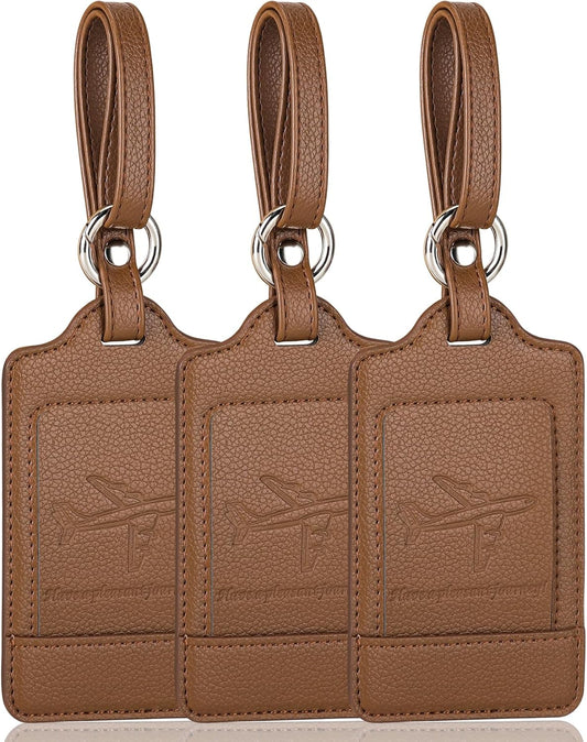 Teskyer Luggage Tags, 3 Pack Premium PU Leather Luggage Tags for Suitcases, Privacy Protection Travel Bag Tags, Lichee Coffee