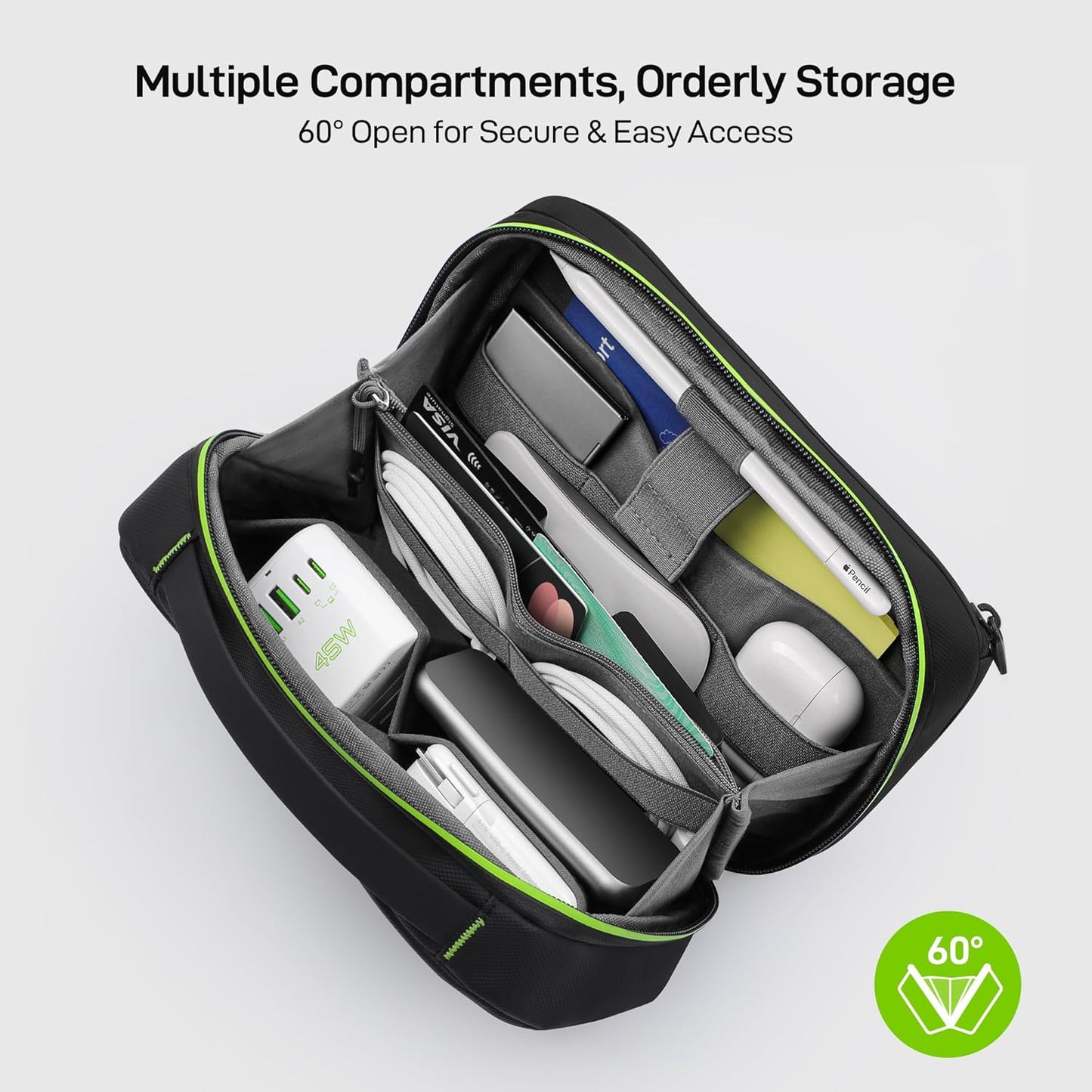 EPICKA Electronics Organizer Travel Case - Cable Organizer Bag for Travel Accessories, Tech Pouch for Cords, Charger, Adapter, Cables, Power Bank, Waterproof Storage Bag with Luggage Strap, Black