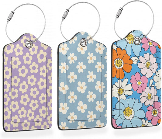 Retro Cream Daisies PU Leather Luggage Tags for Suitcase, Colorful Floral Travel Cruise 3 Pack with Privacy Flap, Name ID Label and Metal Loop for Women Men Girls Baggage Bag Backpack