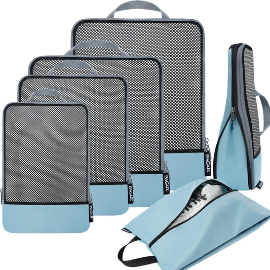 BAGAIL 4 Set/6 Set/8 Set Compression Packing Cubes Travel Accessories Expandable Packing Organizers (Half Mesh, 6-Dusty Blue)