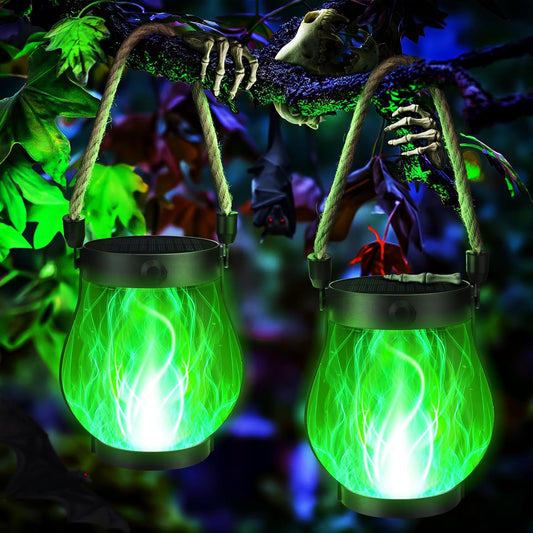 Halloween Solar Flame Lantern Hanging Outdoor Waterproof Purple - 2 Pack Flame Lanterns with Dual Charging Modes of Solar & USB for Garden or Yard Halloween Decorations (Green - 2 Pack)