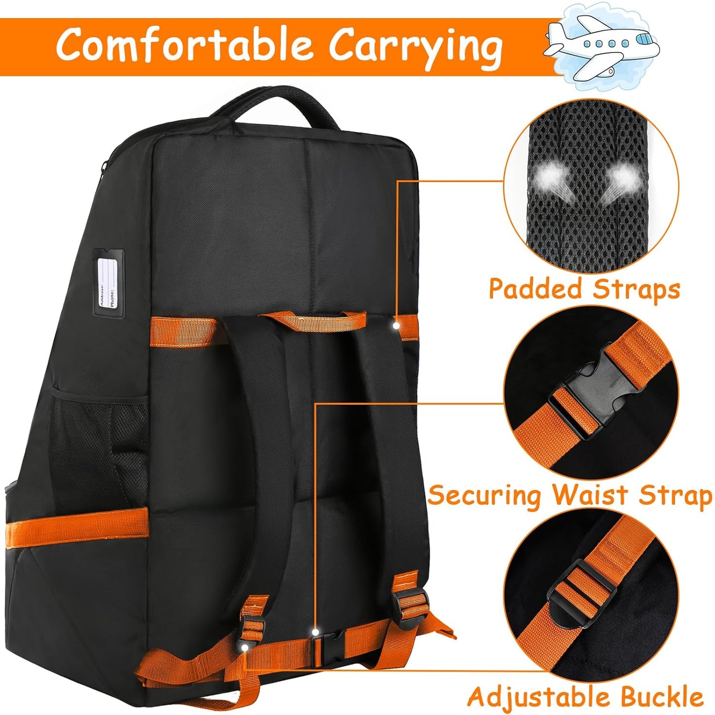YOREPEK Car Seat Travel Bag, Padded Car Seats Backpack for Air Travel, Heavy Duty Gate Check Carseat Travel Bag for Airplane, Airport Gate Check Bag (Orange)
