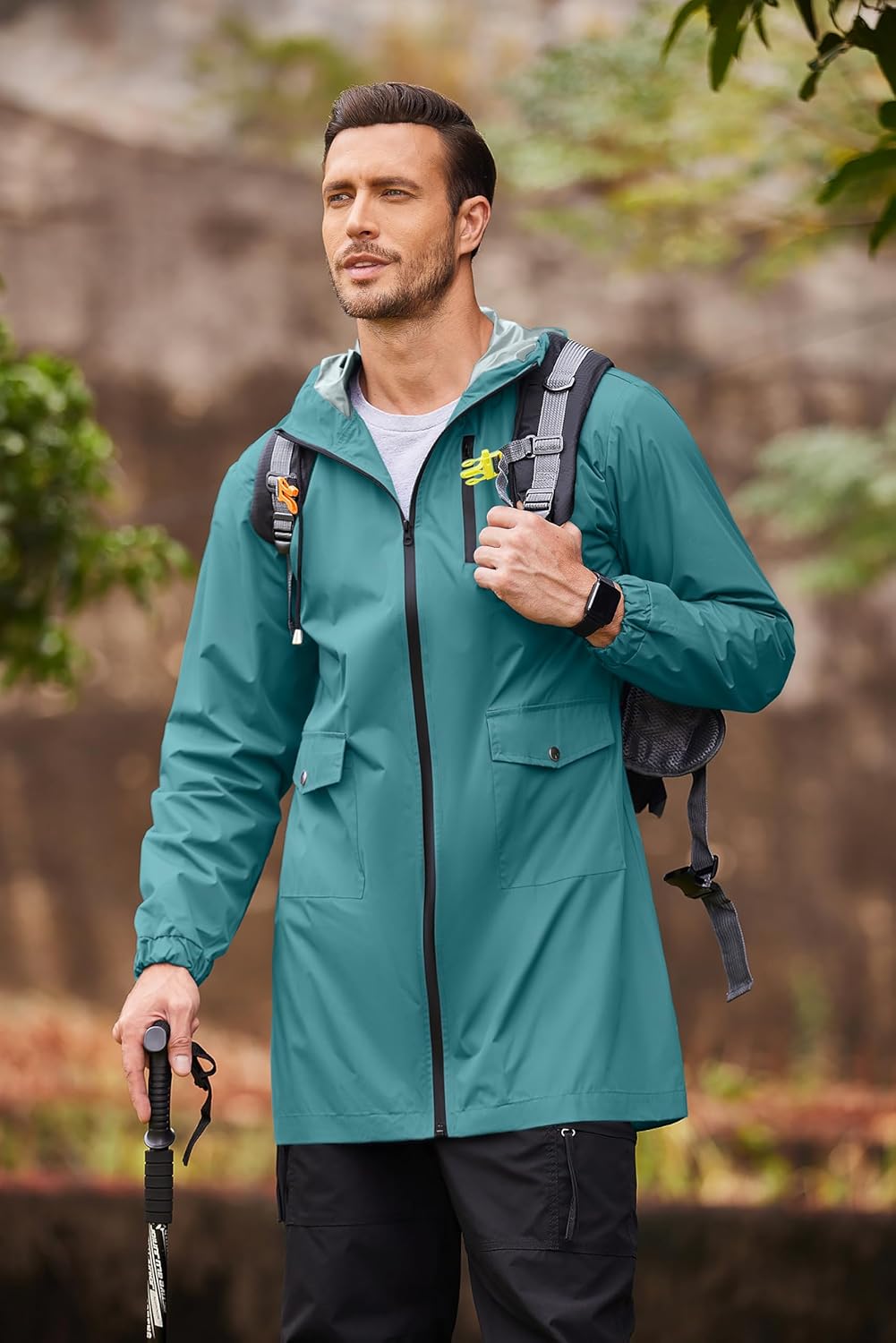 COOFANDY Men's Long Raincoat Ligtweight Rain Jacket Waterproof Outdoor Jackets with Hood