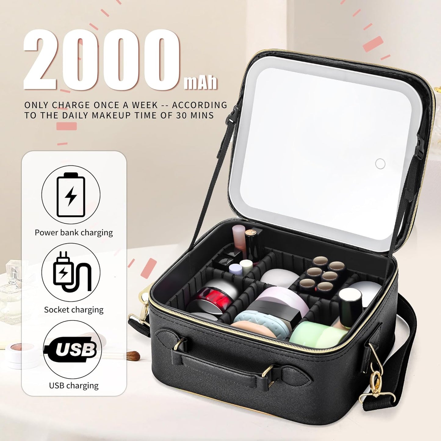 Travel Makeup Bag with Light Up Mirror, Cosmetic Artist Organizer Case with LED Mirror, Travel Makeup Case for Cosmetic Brush Holder Storage, Toiletry Case for Women Gift