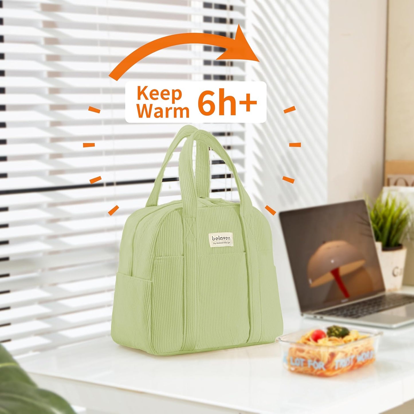 Insulated Lunch Bag for Women, 6-Hour Cold Retention Cooler Tote with Sturdy Handle, 15-Can Spacious Capacity, Leakproof Corduroy Fabric & Aluminum Foil Lining, (Green)